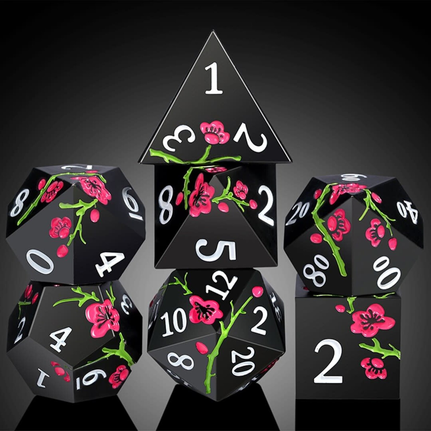 Dice Habit Sakura Black and Pink Metal and Enamel Polyhedral 7 die set