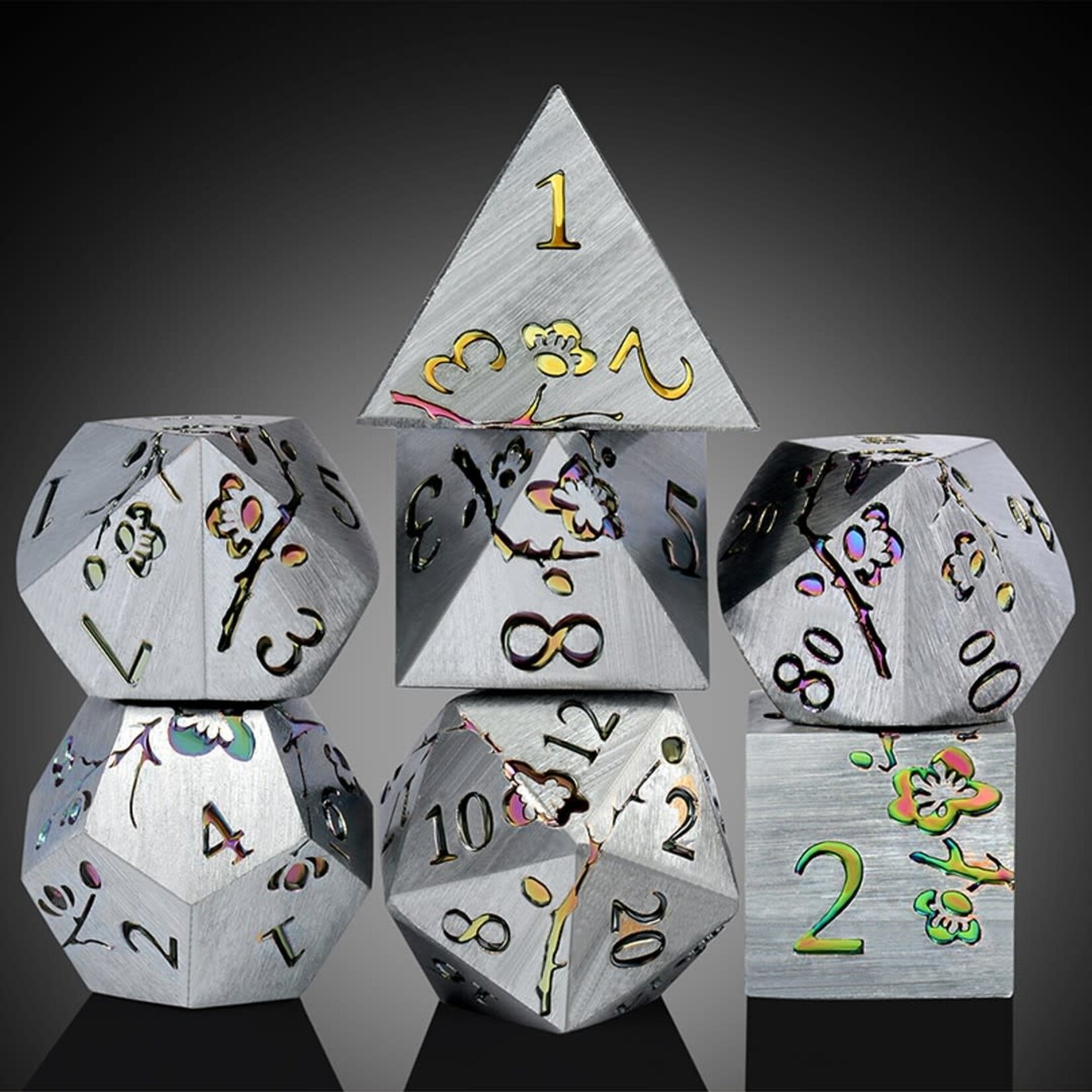Dice Habit Sakura Metallic Rainbow Metal and Enamel Polyhedral 7 die set