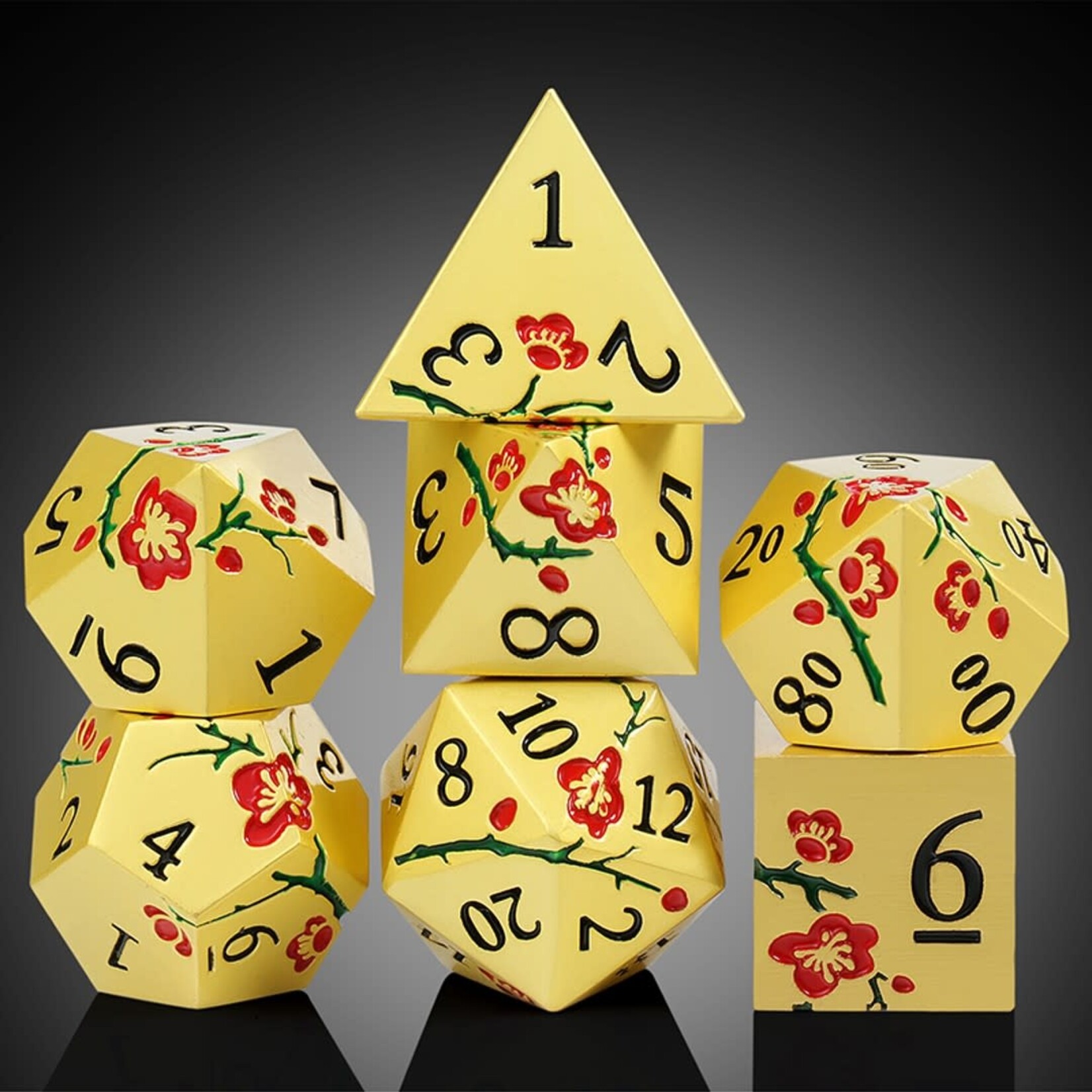 Dice Habit Sakura Gold and Red Metal and Enamel Polyhedral 7 die set