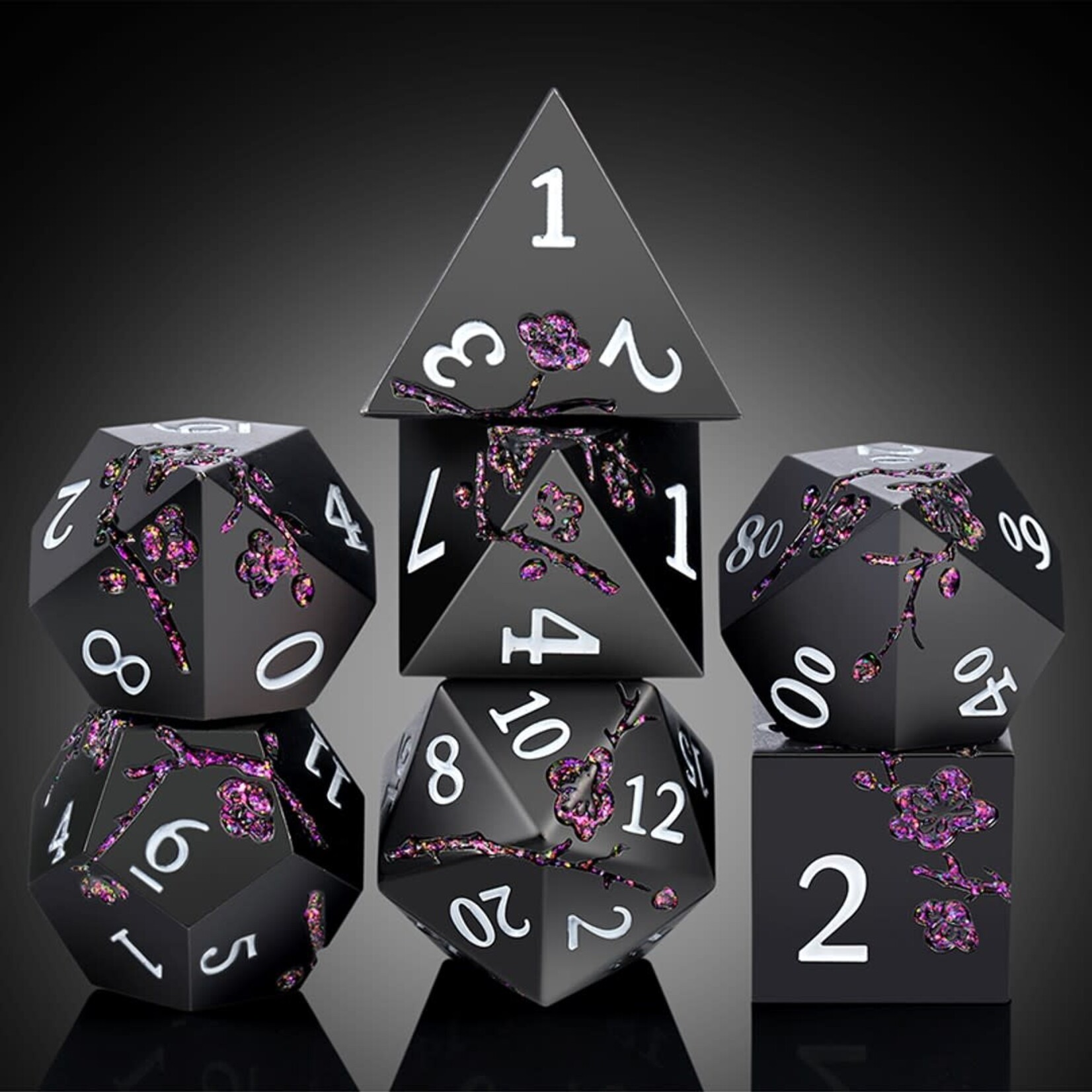 Dice Habit Sakura Black and Magenta Metal and Enamel Polyhedral 7 die set