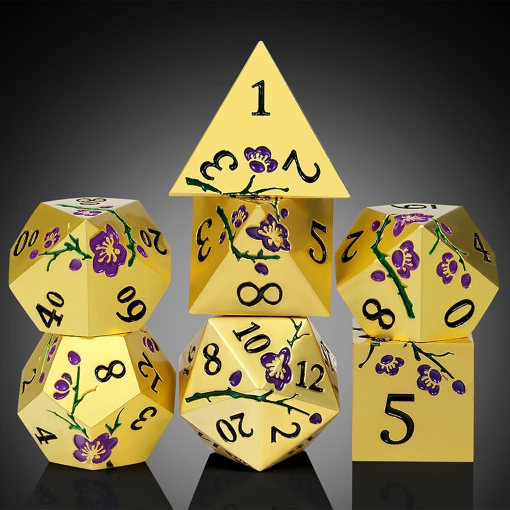 Dice Habit Sakura Gold and Purple Metal and Enamel Polyhedral 7 die set