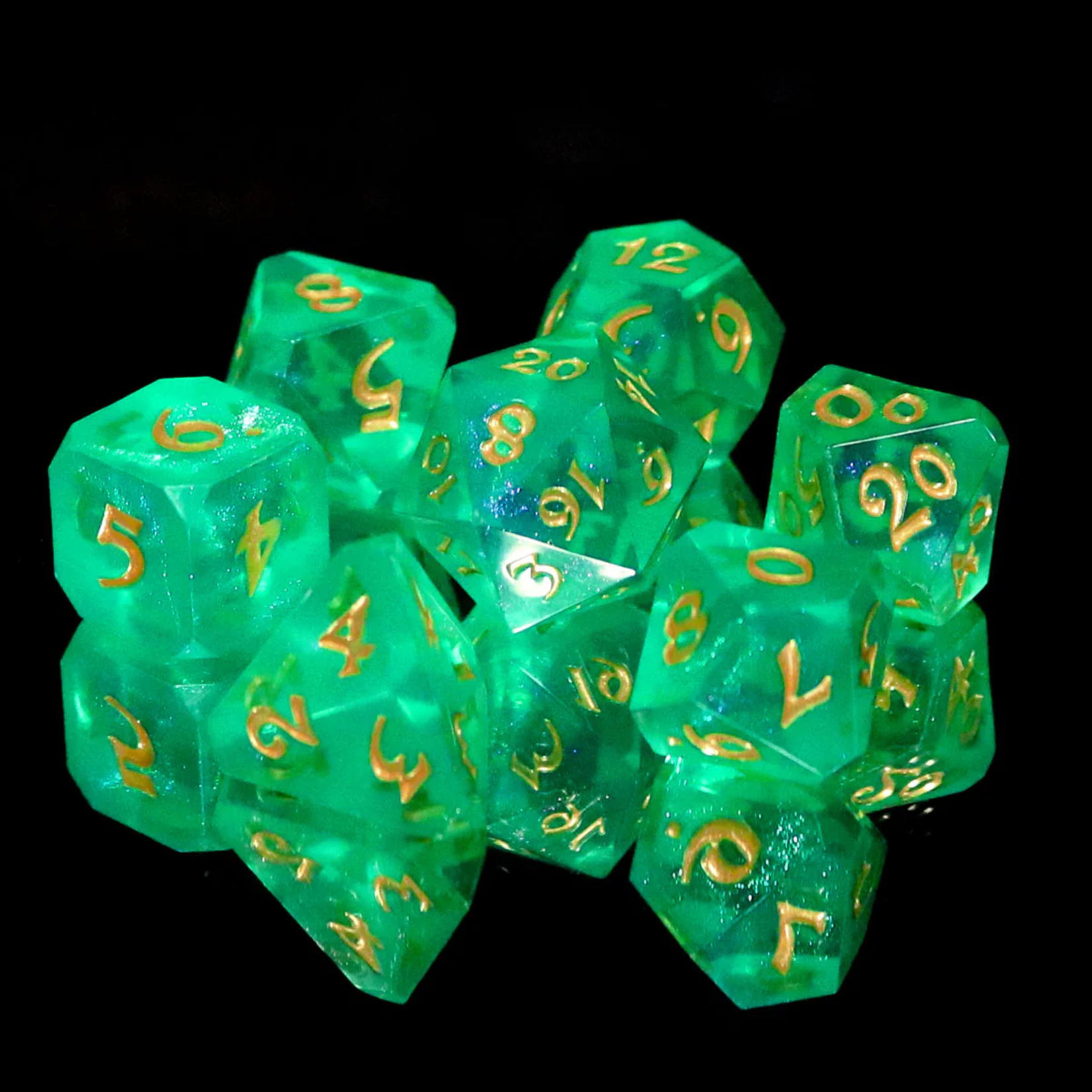 Die Hard Avalore Tinkling Bell for Superdillin Green w/ Yellow RPG Polyhedral 7 die set