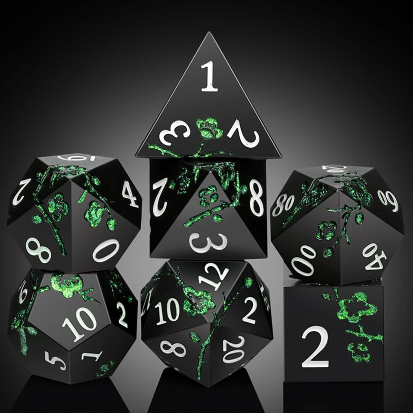 Dice Habit Sakura Black and Green Metal and Enamel Polyhedral 7 die set