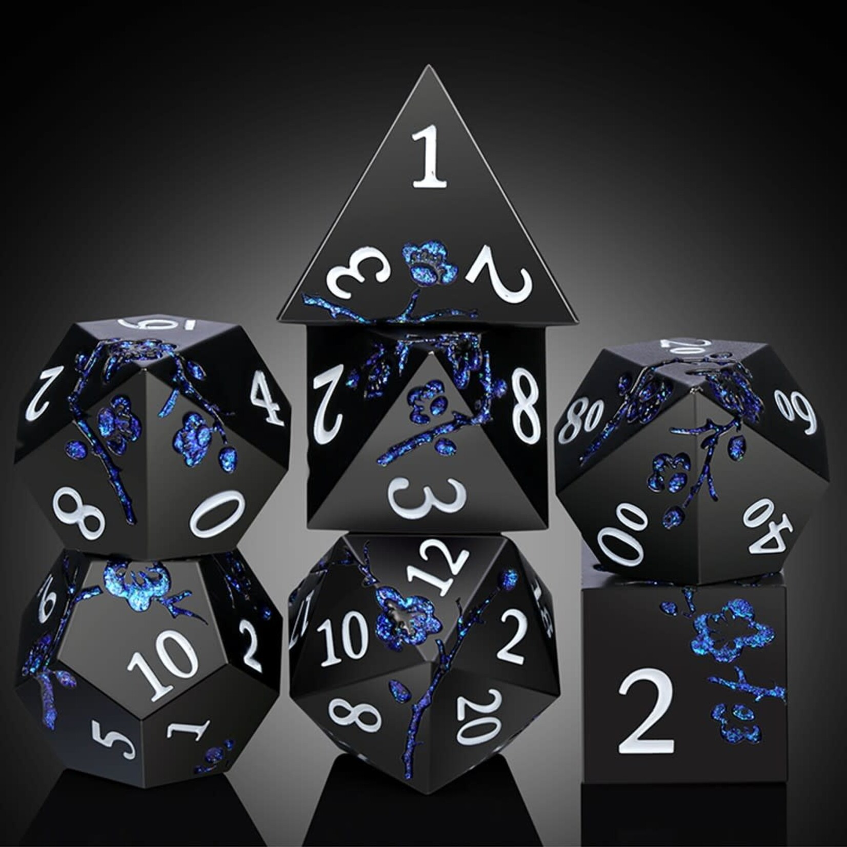 Dice Habit Sakura Black and Blue Metal and Enamel Polyhedral 7 die set