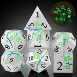 Dice Habit Sakura Silver and Green GLOW Metal and Enamel Polyhedral 7 die set
