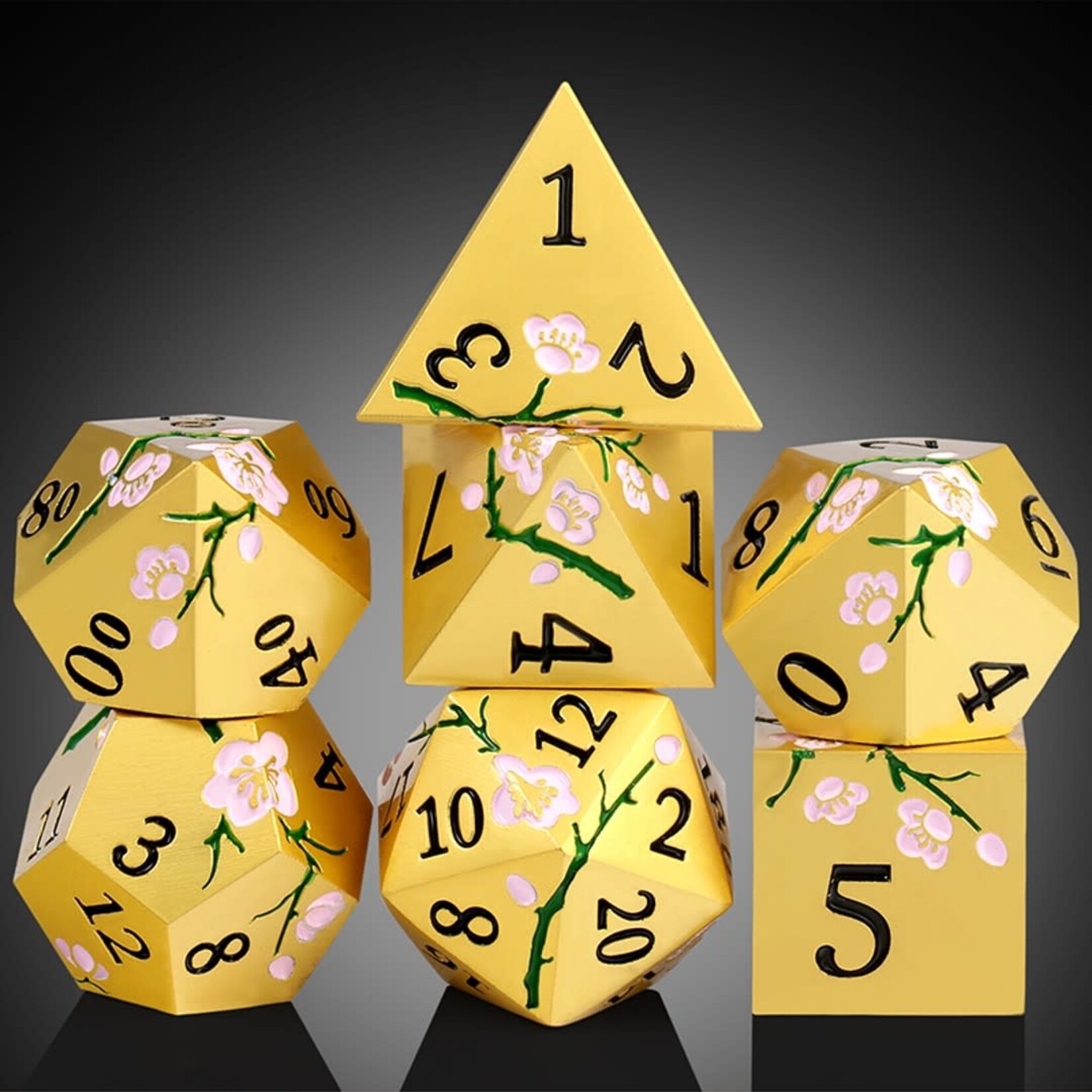 Dice Habit Sakura Gold and Pink Metal and Enamel Polyhedral 7 die set