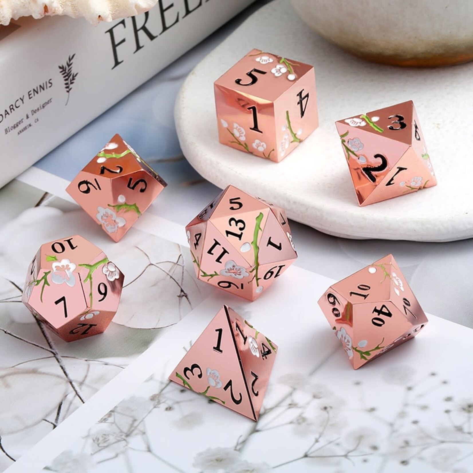 Dice Habit Sakura Copper and White Metal and Enamel Polyhedral 7 die set