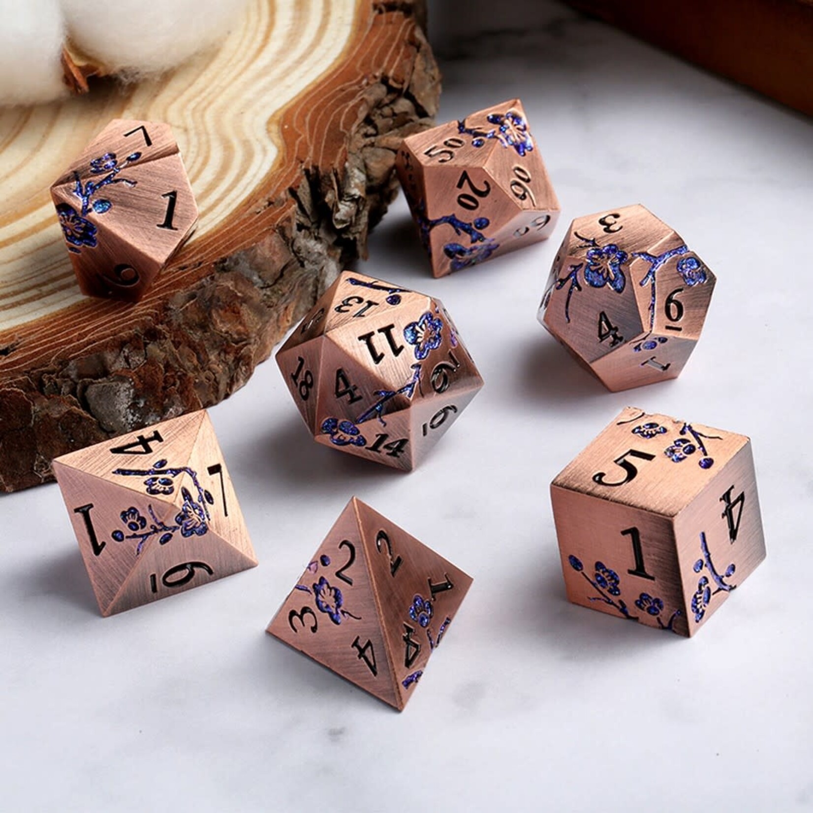 Dice Habit Sakura Copper and Blue Metal and Enamel Polyhedral 7 die set