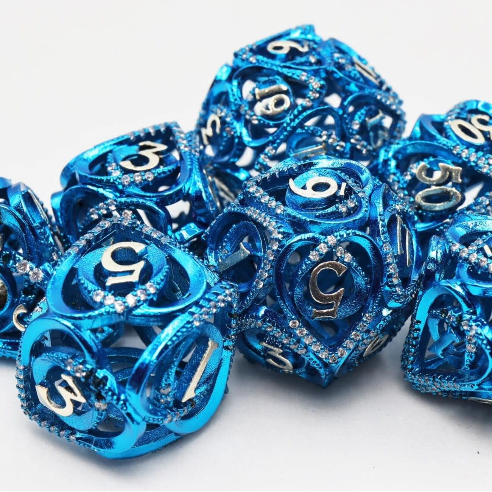 Foam Brain Games Hollow Hearts Jeweled Blue Metal RPG dice 7 die set