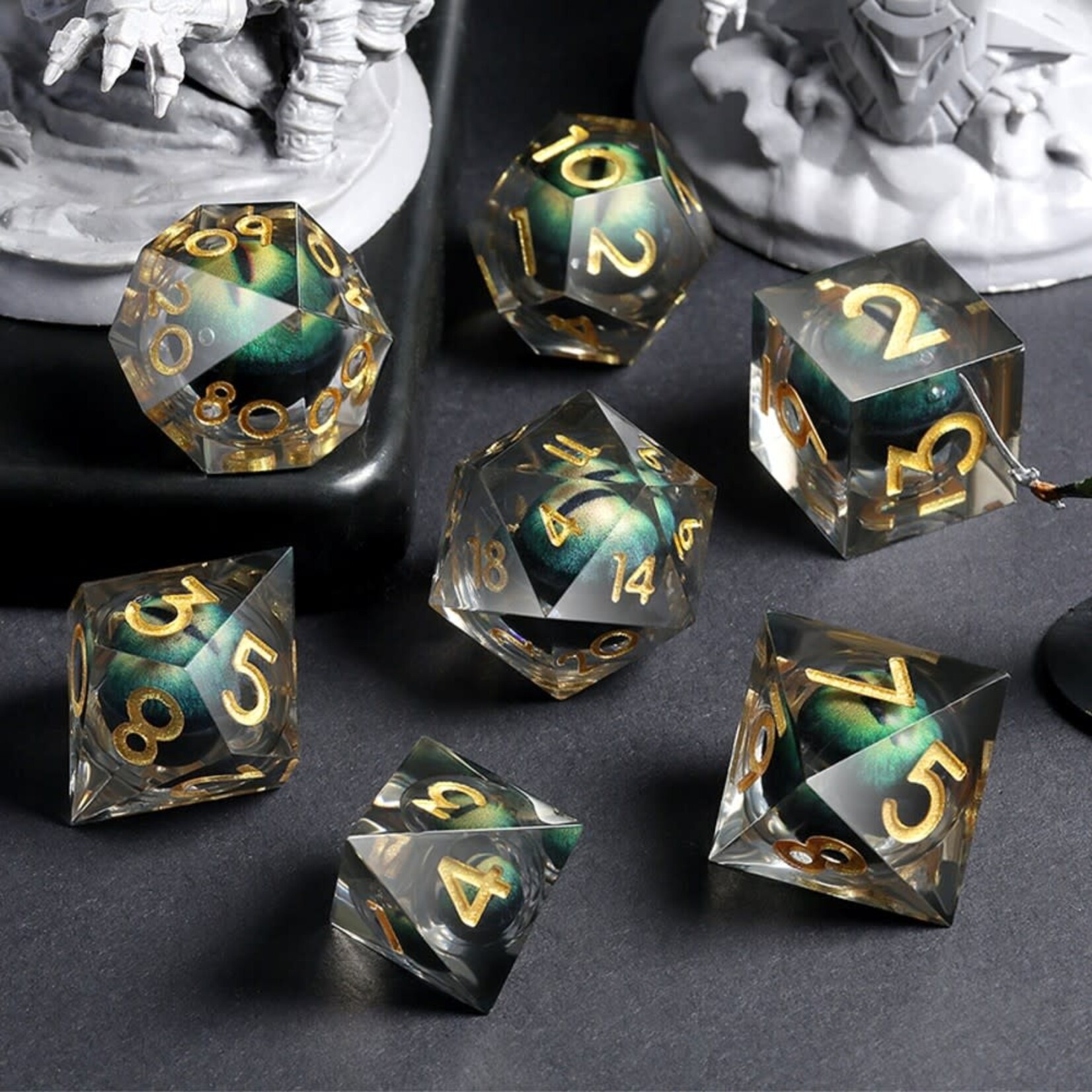 Dice Habit Sharp Edge Dragon Eye Green Polyhedral 7 die set