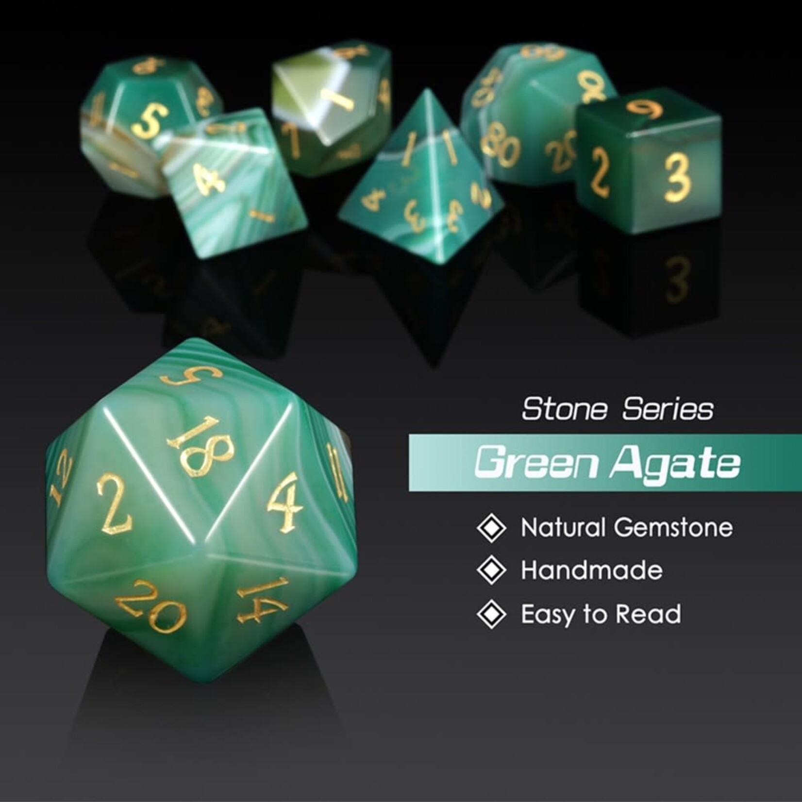 Dice Habit Gemstone Green Agate Natural Polyhedral 7 die set