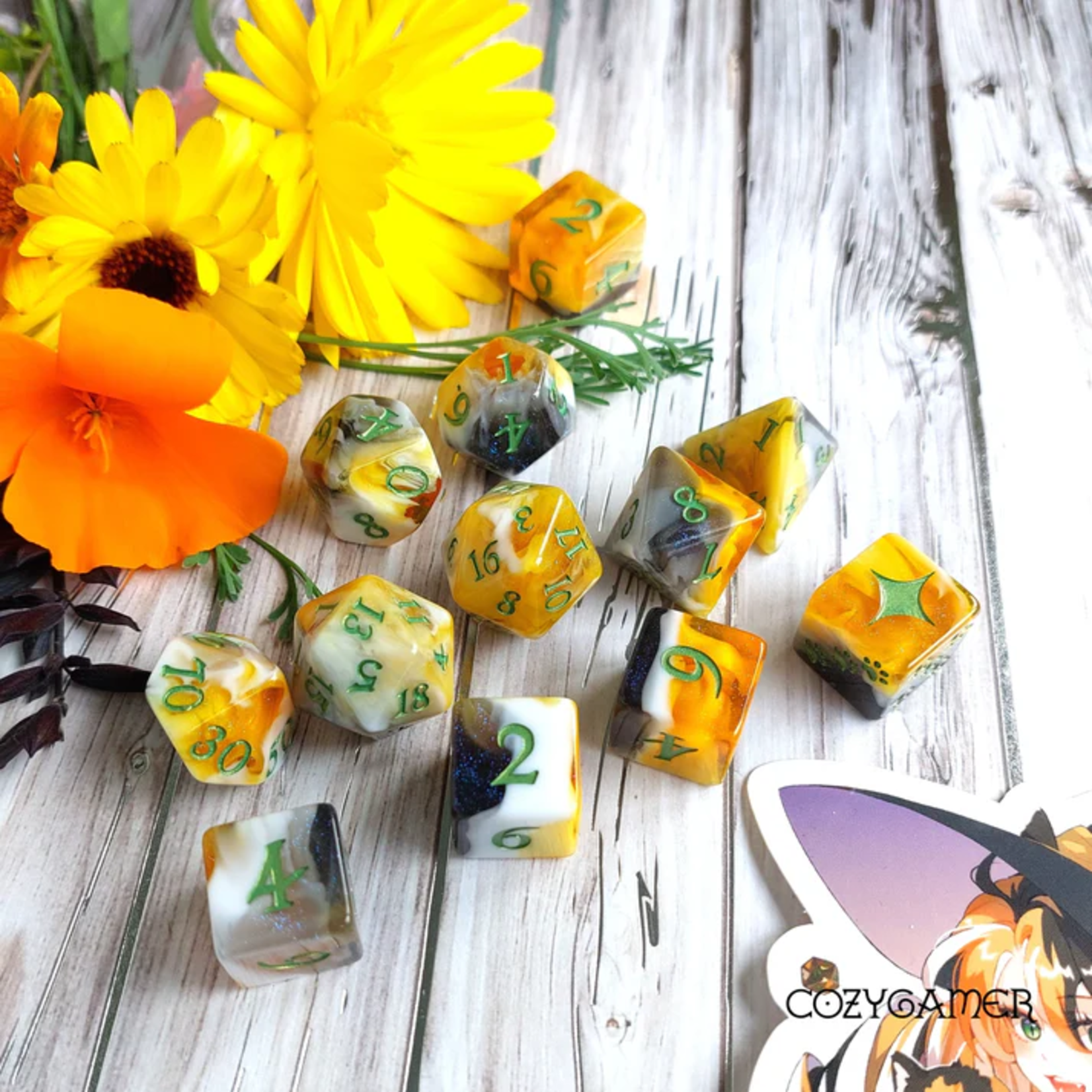 Fennek and Finch Calico Cat Marbled Orange Black and White Polyhedral 12 die set