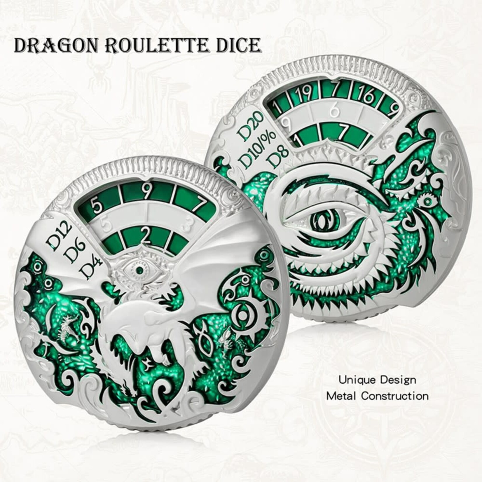 Dice Habit Dragon Roulette Spinner Dice Green and Silver