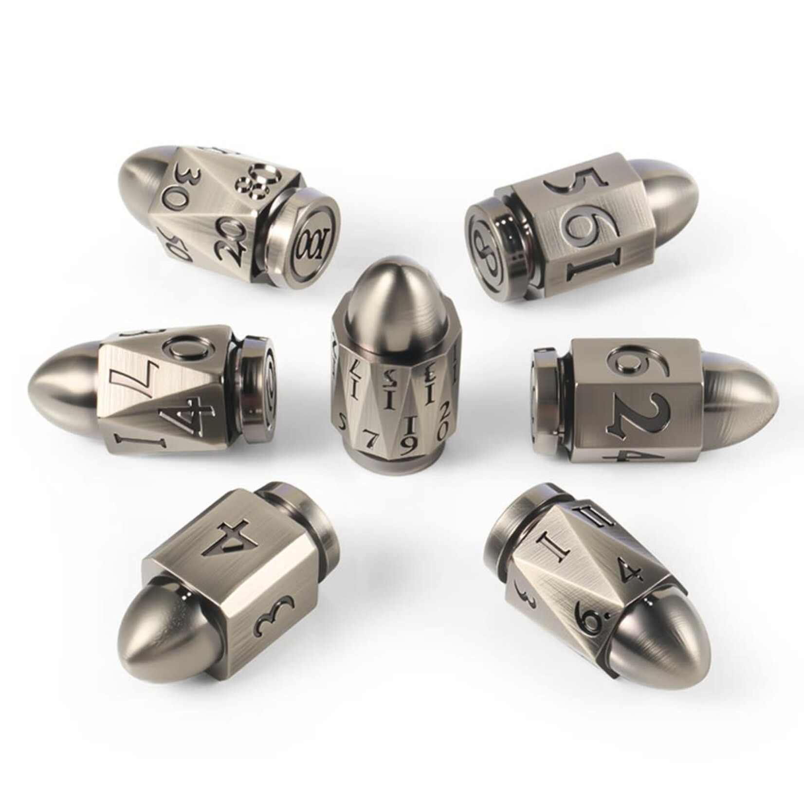 Dice Habit Bullet Silver Metal and Enamel Polyhedral 7 die set