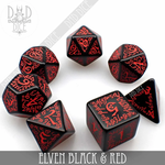 DND Dice DND Dice Elven Black and Red Polyhedral 7 die set