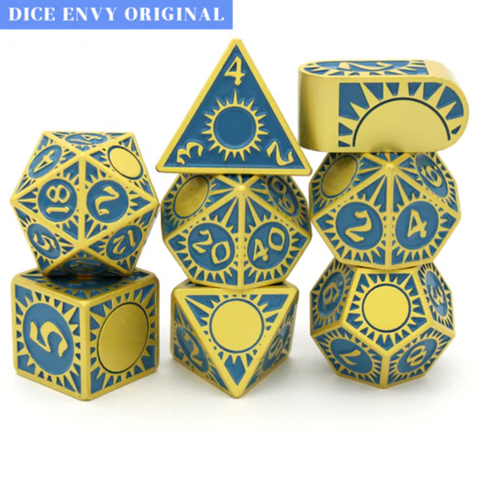 Dice Envy Dice Envy Morninglord Blue w/ Yellow Metal Polyhedral 7 die set