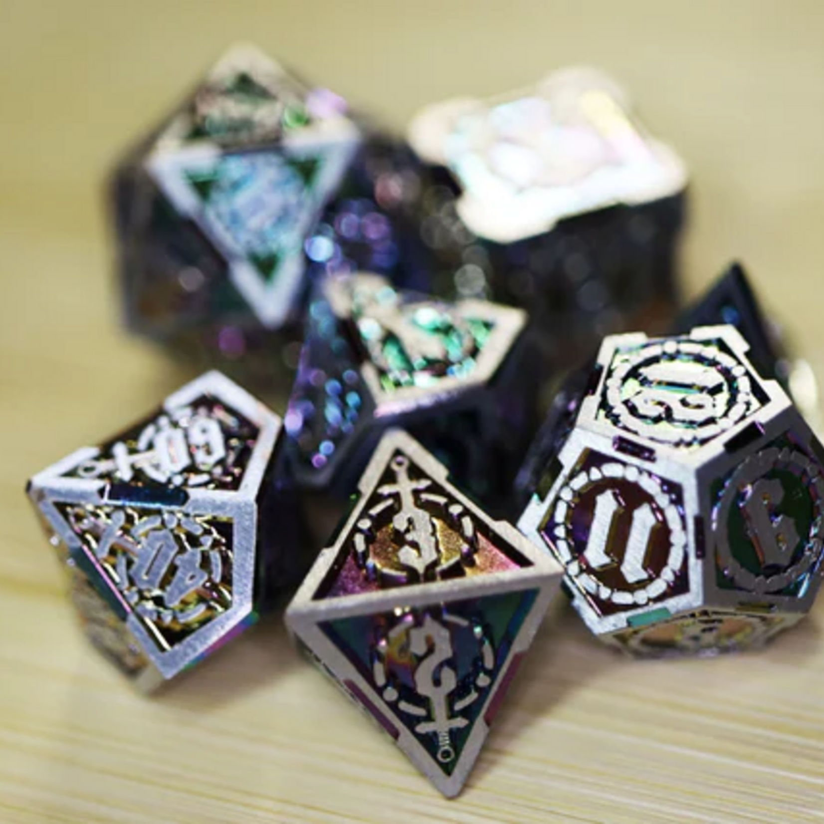 Foam Brain Games Crossed Swords Holographic Sword Metal RPG dice 7 die set