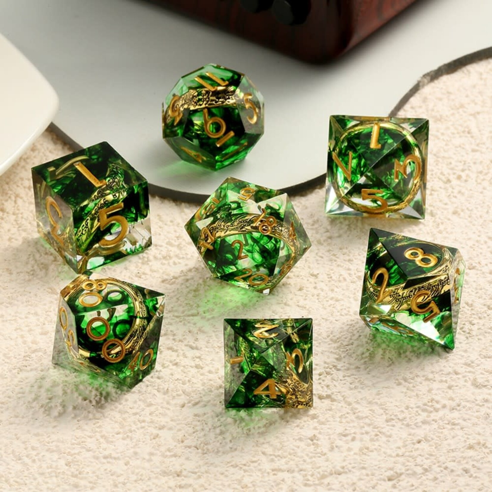 Dice Habit Sharp Edge Rings Green Polyhedral 7 die set