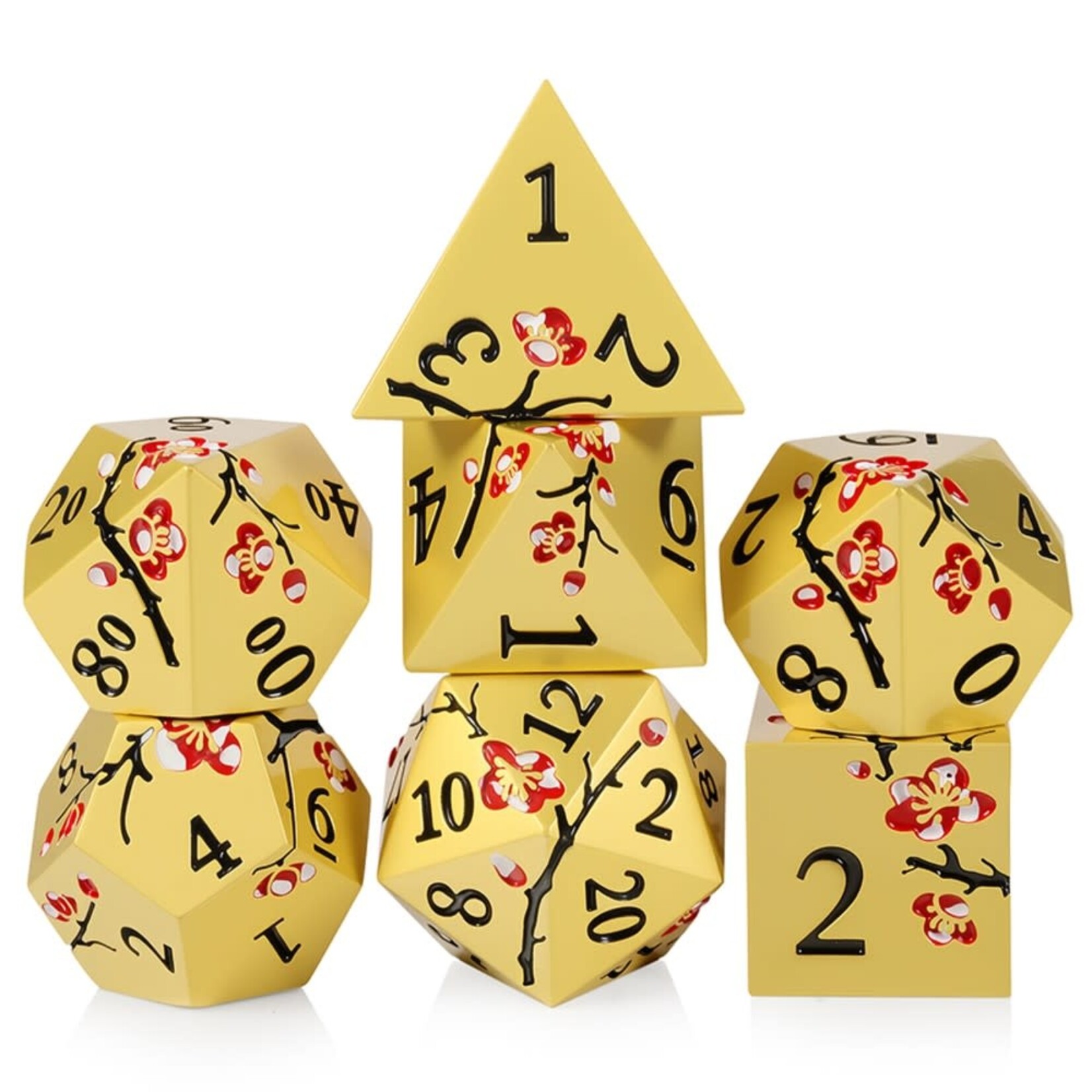 Dice Habit Sakura Prosperity Red and Gold Metal and Enamel Polyhedral 7 die set