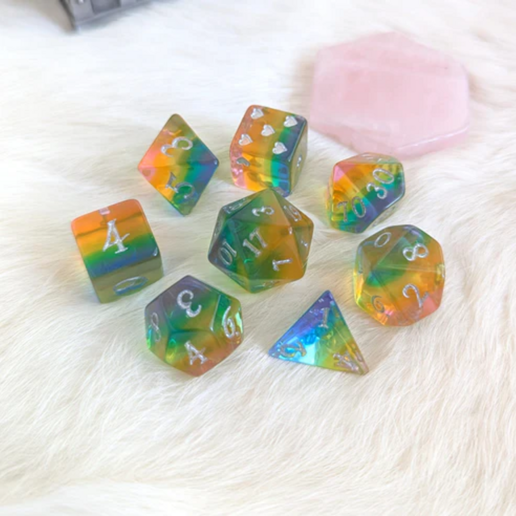 Fennek and Finch Rainbow Heart Translucent Polyhedral 8 die set