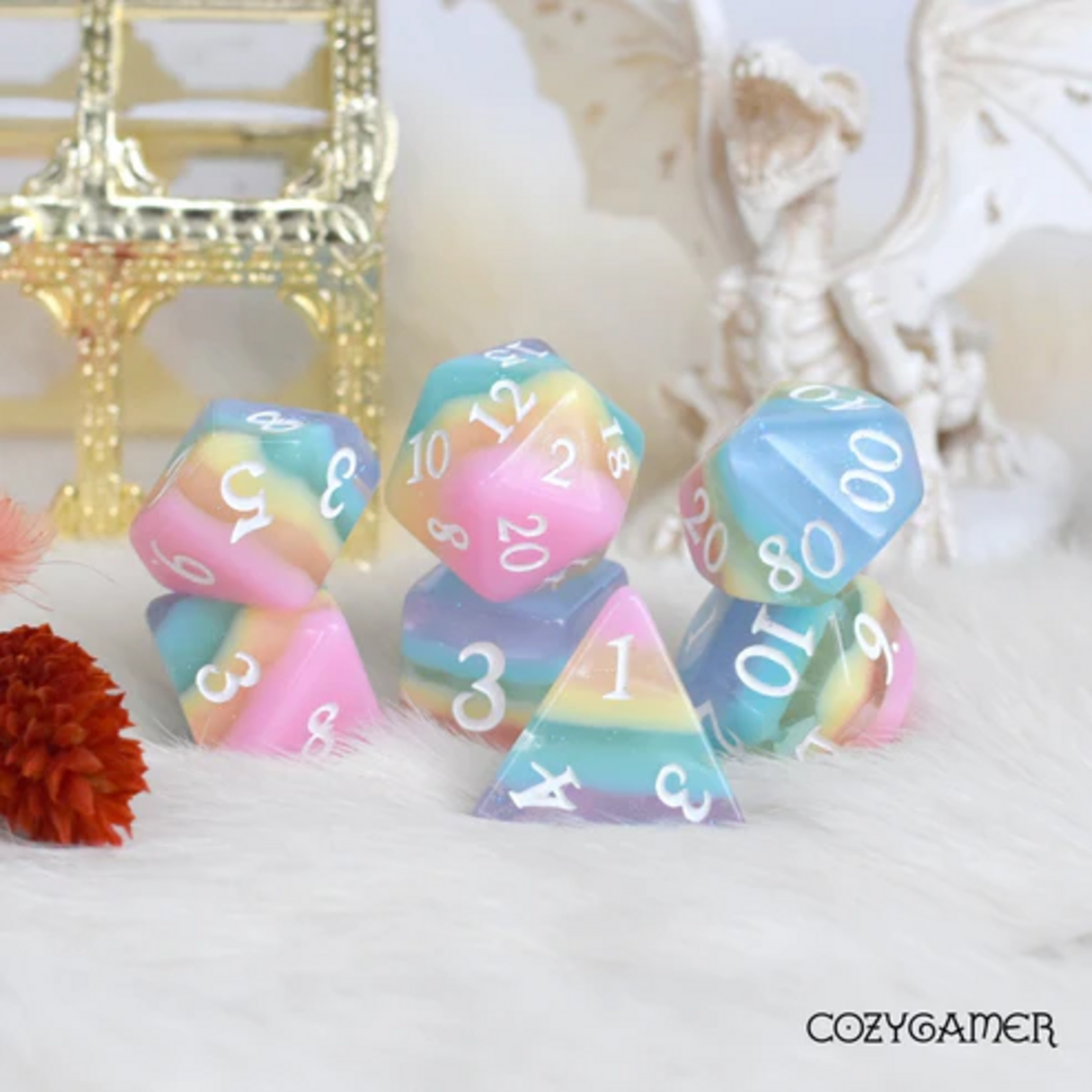 Fennek and Finch Rainbow Candy Pastel Shimmer Polyhedral 7 die set