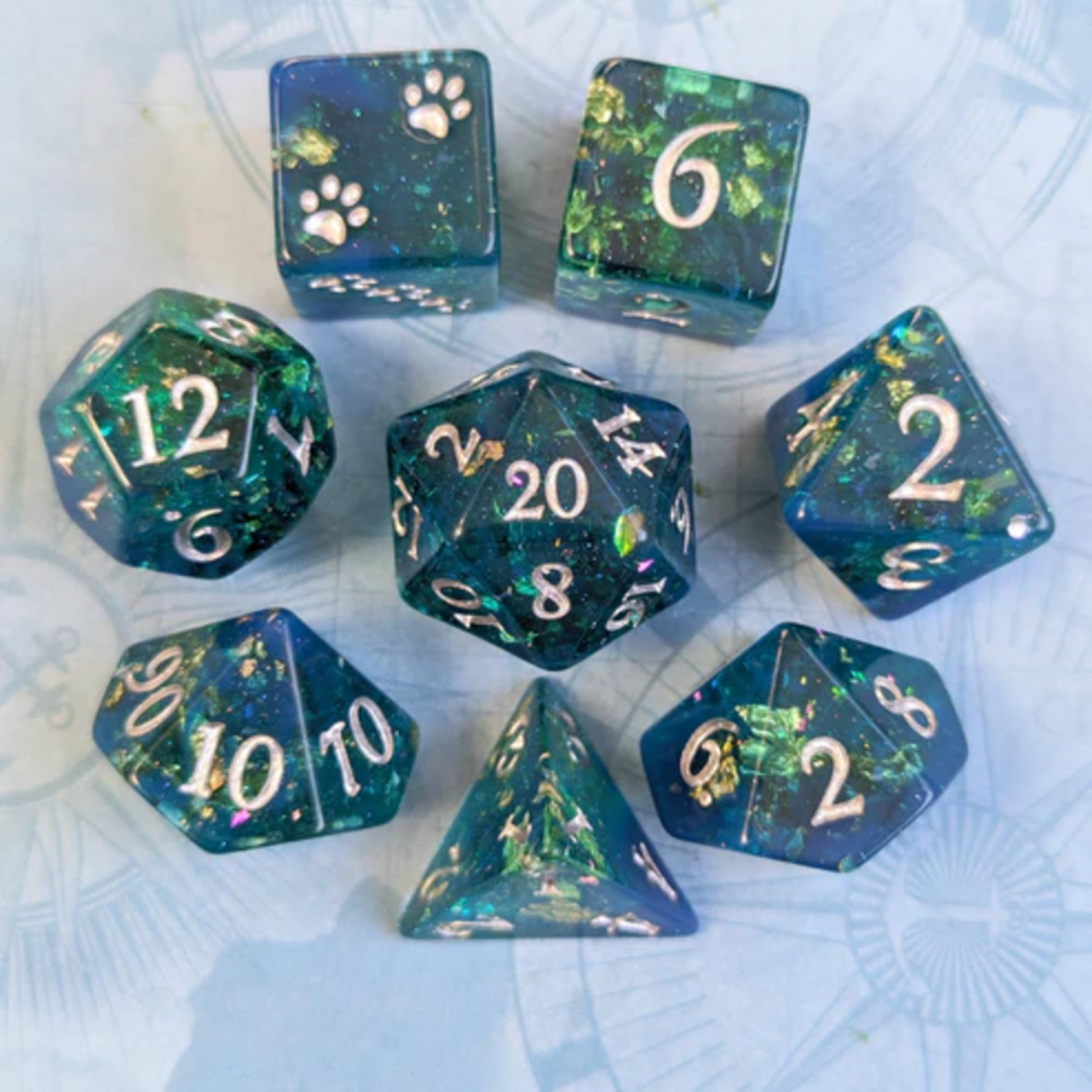 Fennek and Finch Saltmarsh Blue Green Opal Flake Gold Foil Polyhedral 8 die set