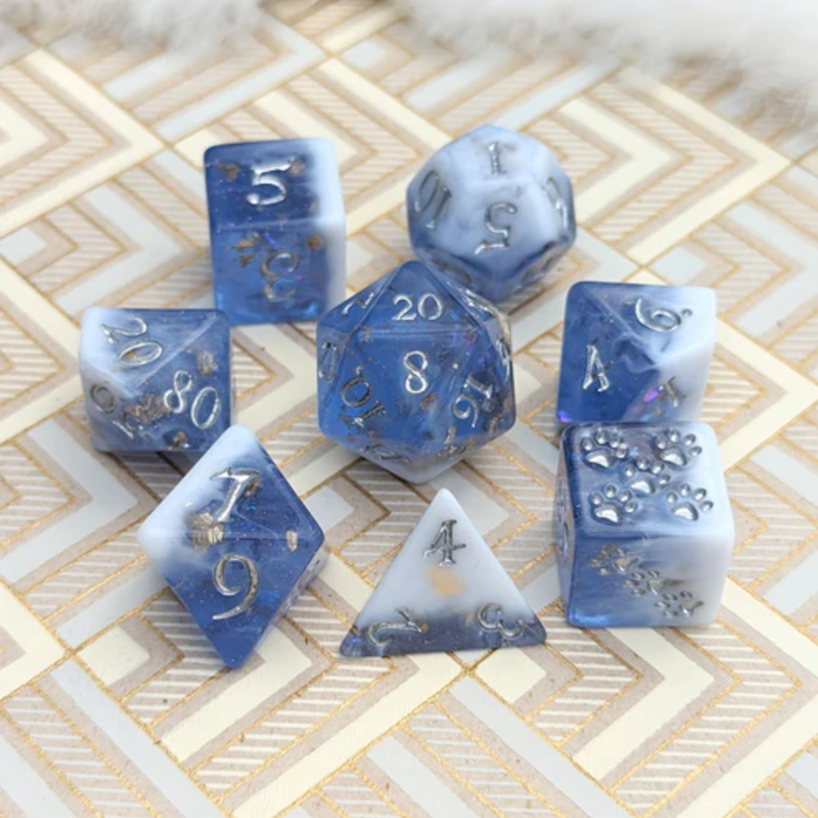 Fennek and Finch Snow Peak Clear Periwinkle White Marble Glitter Polyhedral 8 die set