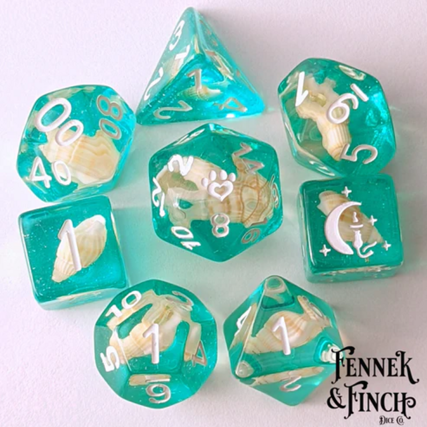 Fennek and Finch Sea Shell Real Shell Teal Glitter White Font Cat Wizard Polyhedral 8 die set