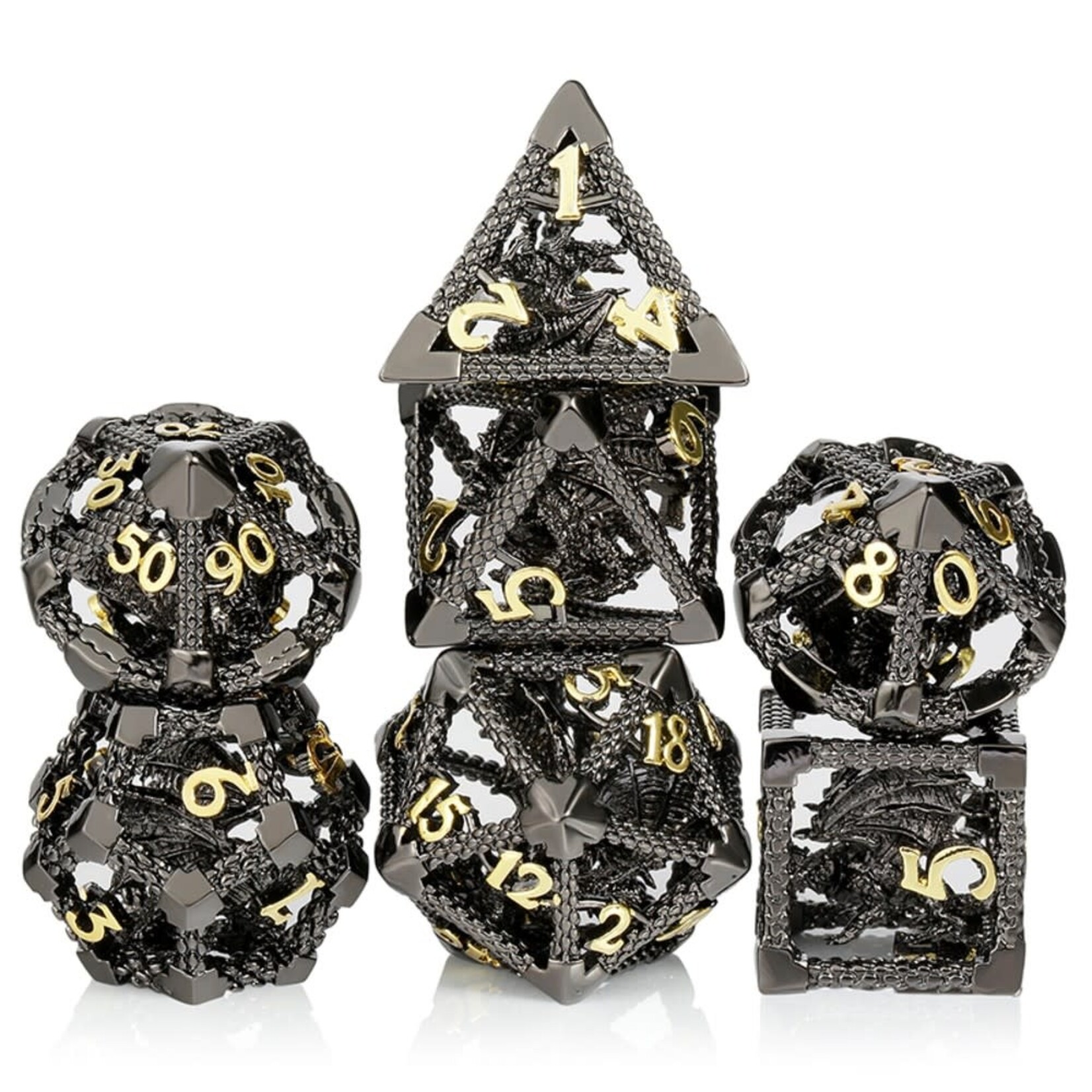 Dice Habit Hollow Dragon Cage Black and Gold Polyhedral 7 die set