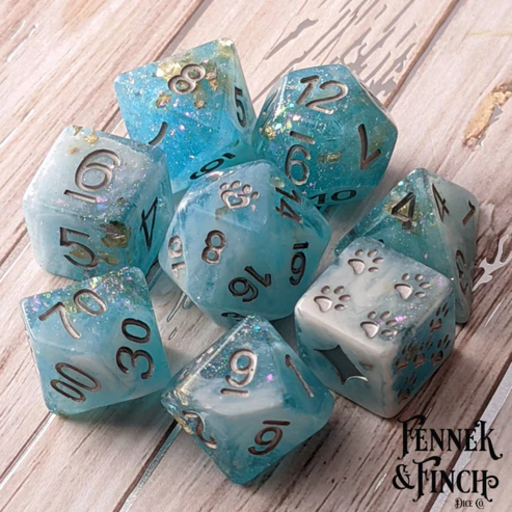 Fennek and Finch Cresting Wave Clear Blue Glitter Foil White Marbled Cat Wizard Polyhedral 8 die set