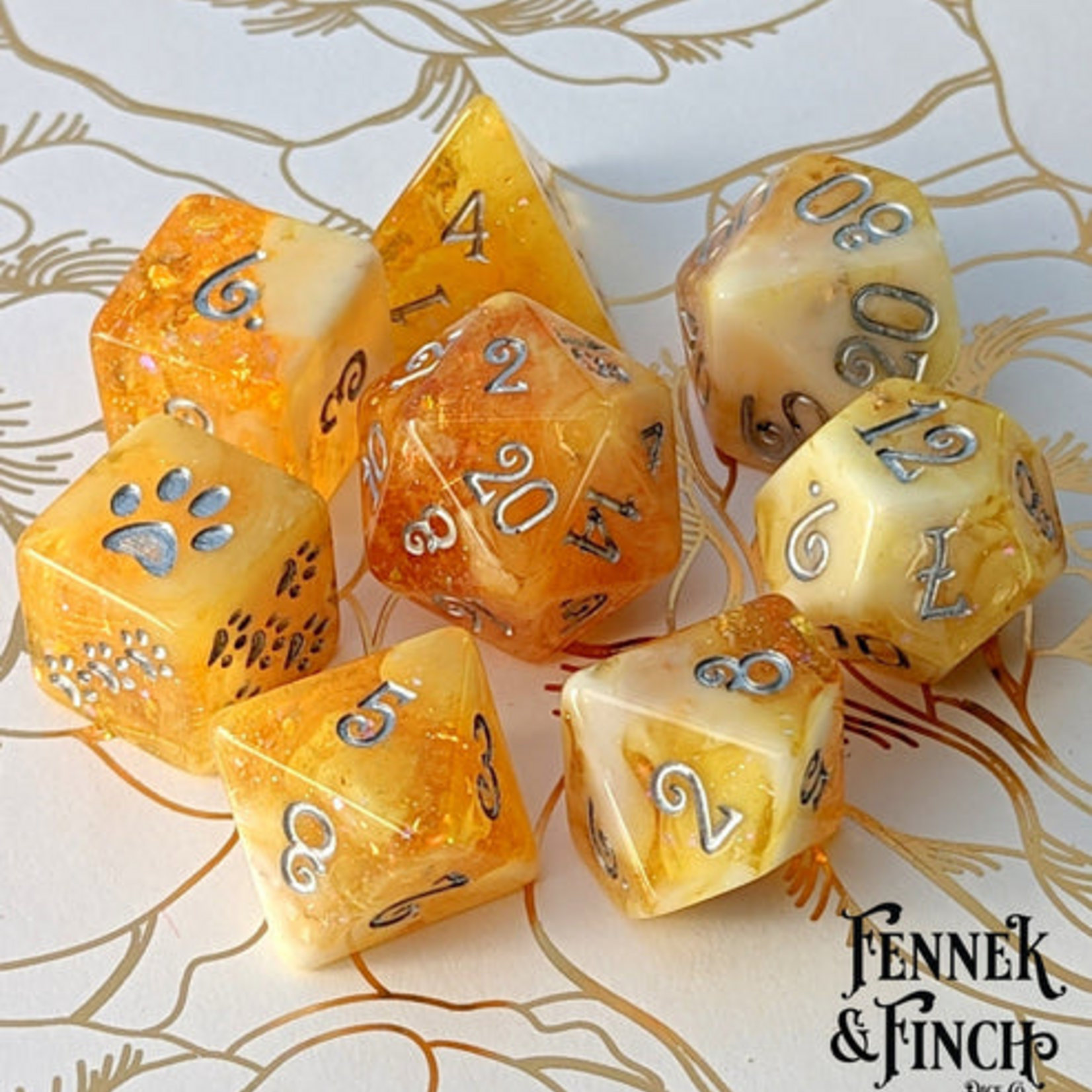 Fennek and Finch Crystallized Honey Clear Orange Glitter Foil White Marbled Cat Wizard Polyhedral 8 die set