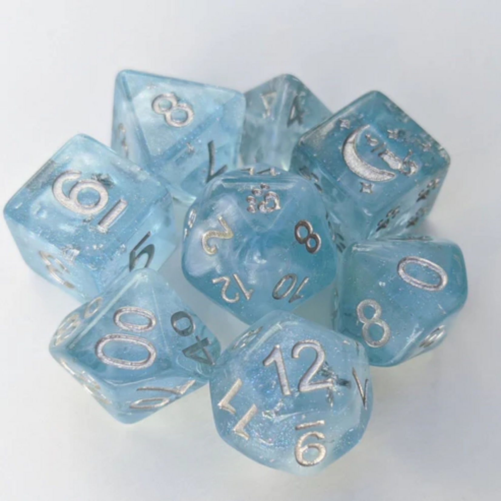 Fennek and Finch Glacial Ice Light Blue Pearly White Clouds Silver Cat Wizard Polyhedral 8 die set