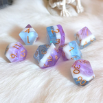 Fennek and Finch Mystic Tide Clear Blue White Purple Round-Edge Polyhedral 7 die set