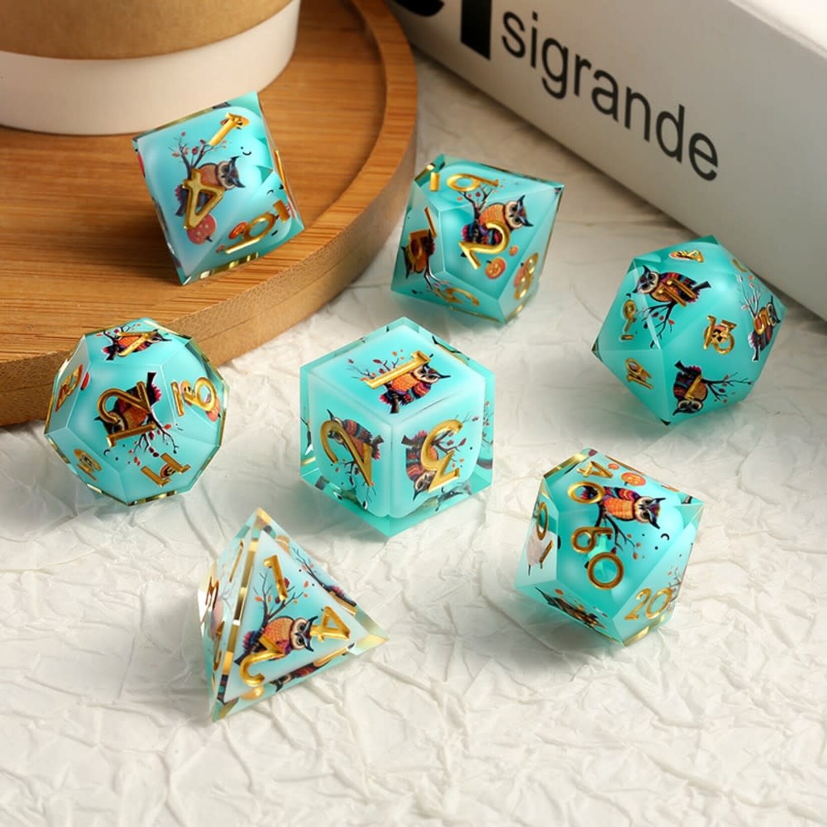 Dice Habit Sharp Edge Polyhedral 7 Die Set Autumn Owl