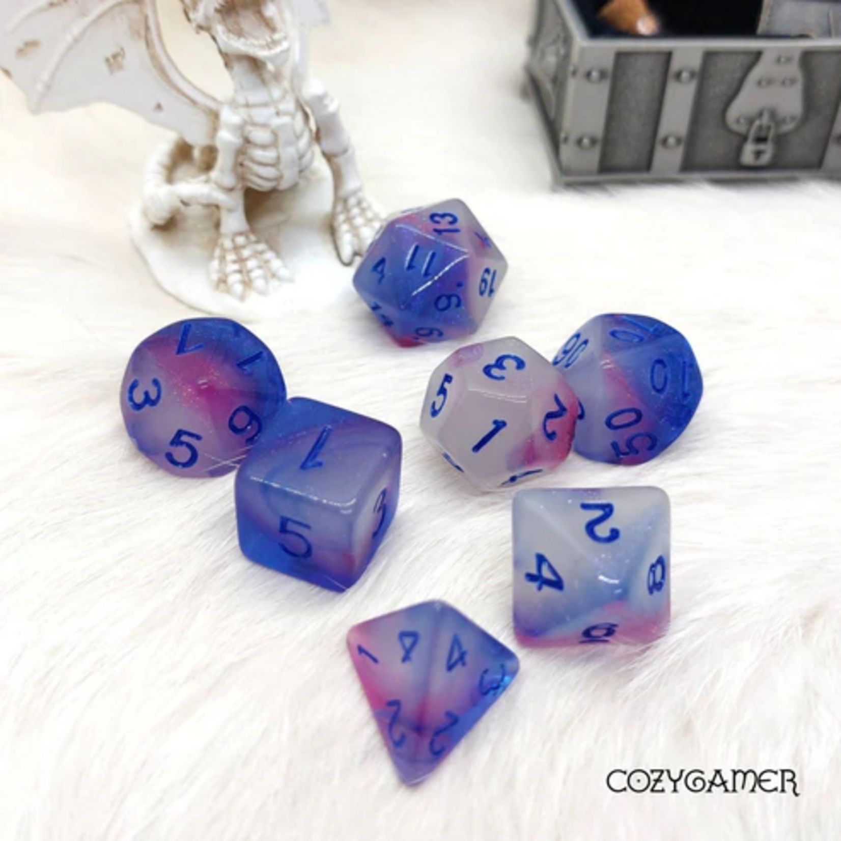 Fennek and Finch Glow in the Dark White Blue and Purple Polyhedral 7 die set