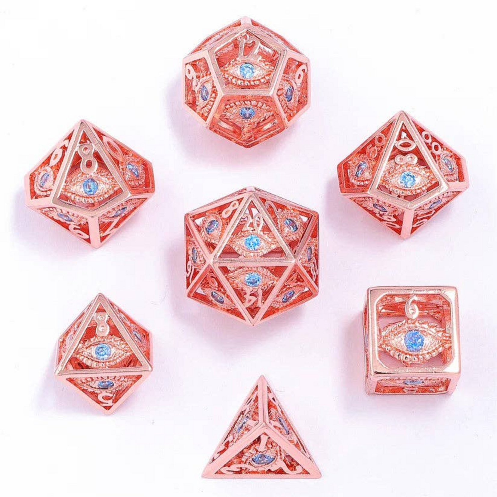 HYMGHO Hymgho Hollow Dragon's Eye Rose Gold w/ Aqua Blue Polyhedral 7 die set
