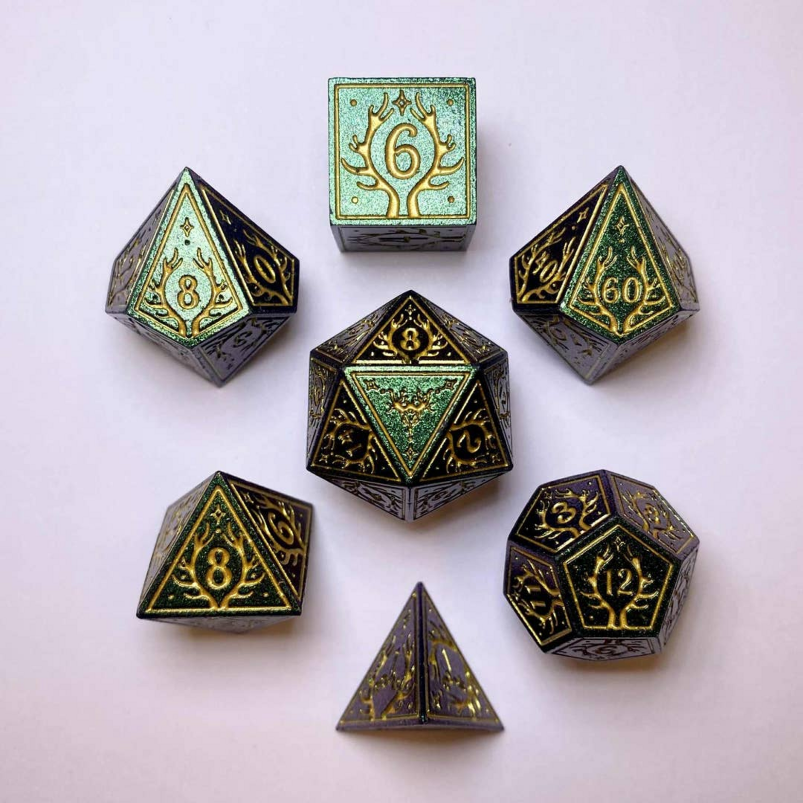 HYMGHO Hymgho Metal Druid Rpg Dice Set Glitter Green w/ Gold Polyhedral 7 die set