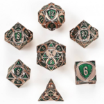 HYMGHO Hymgho Solid Metal Fighter Class Rpg Copper w/ Green Polyhedral 7 die set