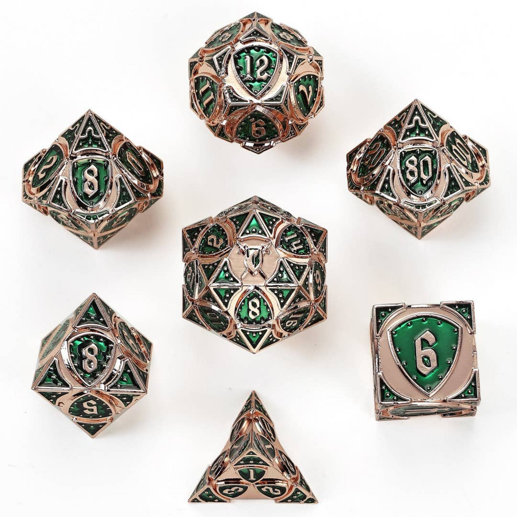 HYMGHO Hymgho Solid Metal Fighter Class Rpg Copper w/ Green Polyhedral 7 die set