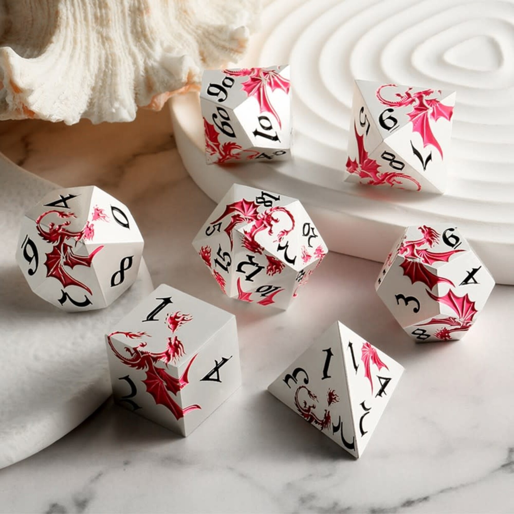 Dice Habit Dragon Pink and Silver Metal and Enamel Polyhedral 7 die set