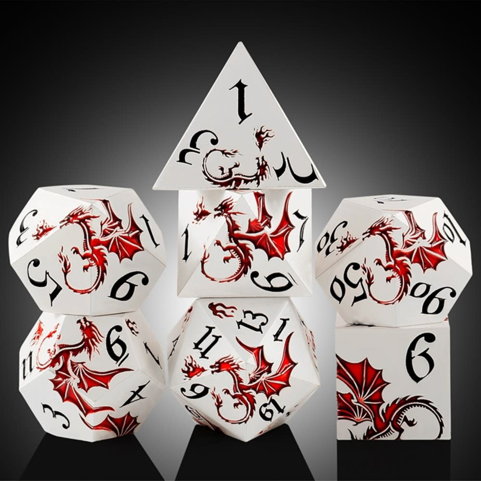Dice Habit Dragon Red and Silver Metal and Enamel Polyhedral 7 die set