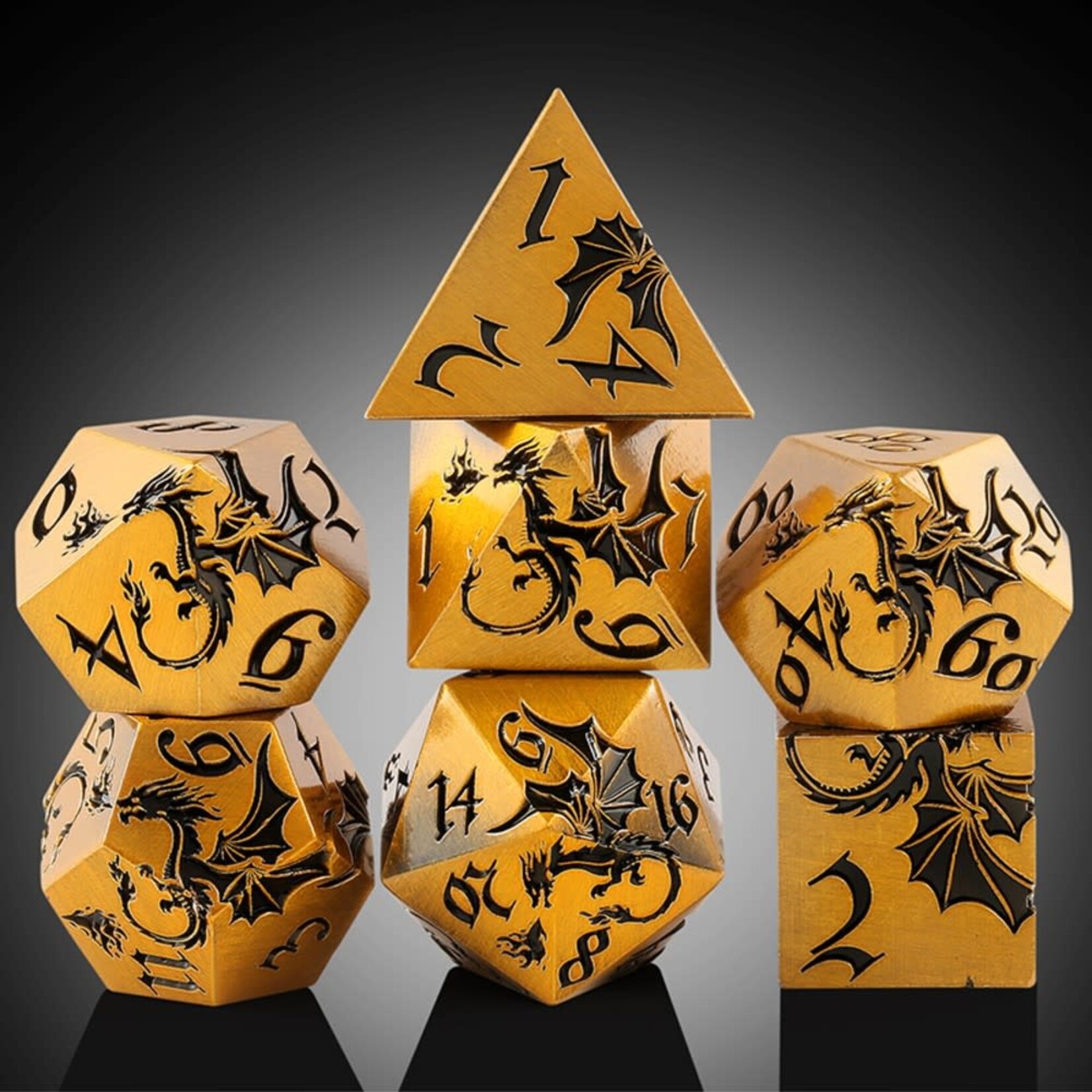 Dice Habit Dragon Brass Metal and Enamel Polyhedral 7 die set