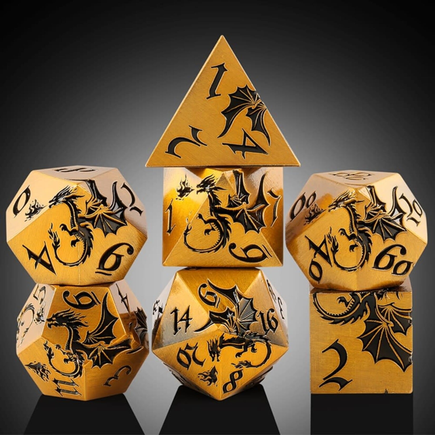 Dice Habit Dragon Brass Metal and Enamel Polyhedral 7 die set