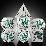 Dice Habit Dragon Green and Silver Metal and Enamel Polyhedral 7 die set