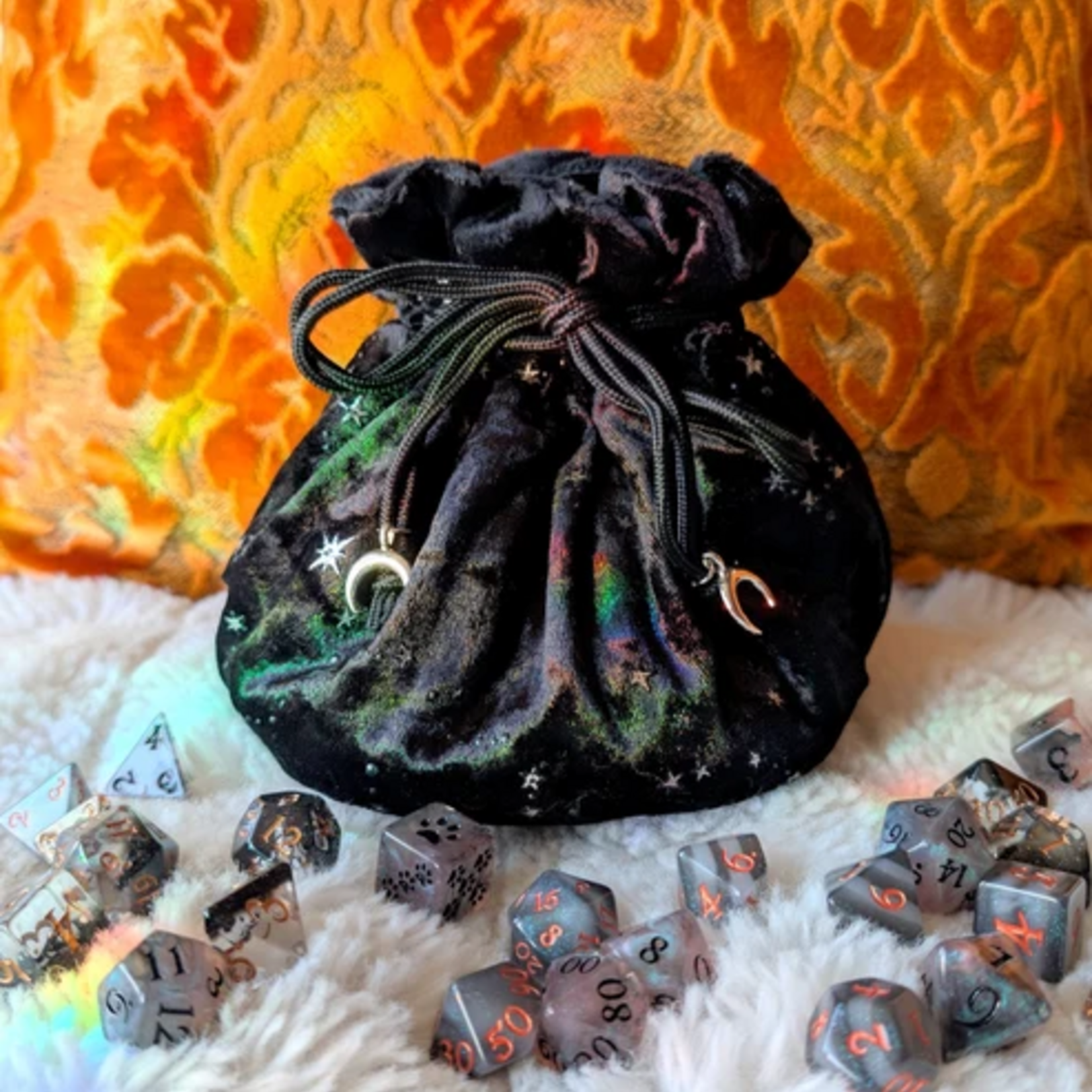 Fennek and Finch Starry Black Multipocket Large Dice Bag w/ Moon Charms