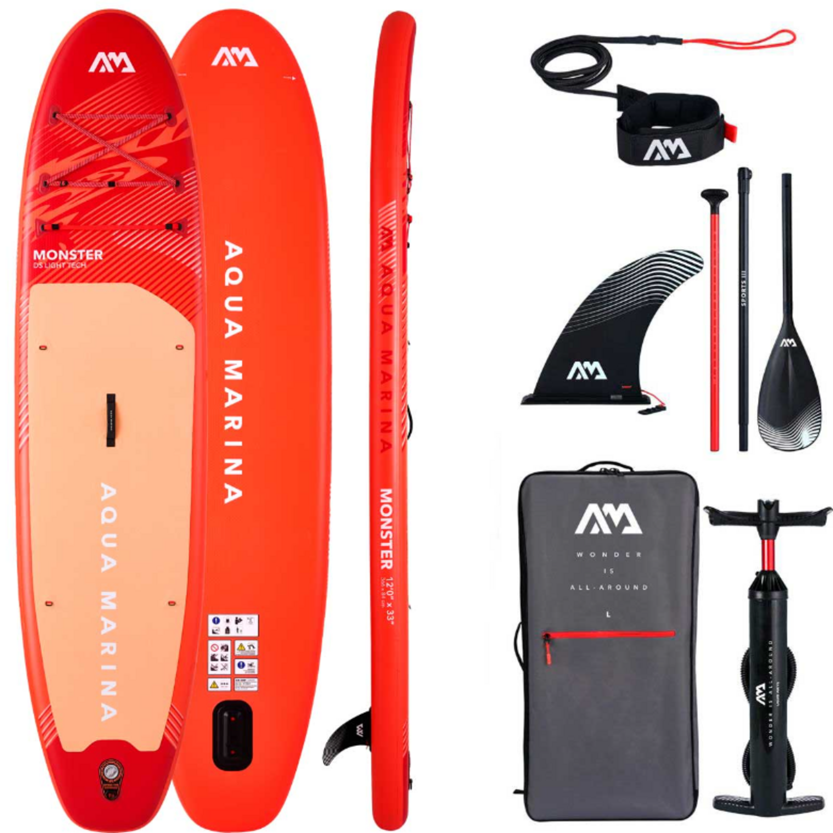 AQUA MARINA AQUAMARINA  MONSTER (SKY GLIDER) ISUP POLYVALENT 12' AVEC PAGAIE SPORTS III EN ALUMINIUM ET LEASH DE SÉCURITÉ