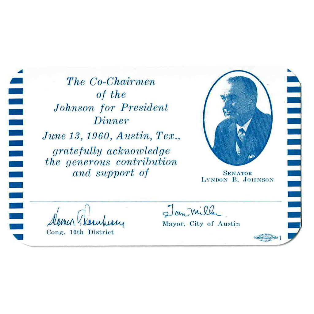 All the Way with LBJ Johnson for President Dinner Donation Acknowledgement Card