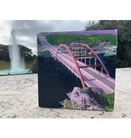Austin & Texas Pennybacker Bridge Austin mixed media on 6x6 canvas by Jean Schuler