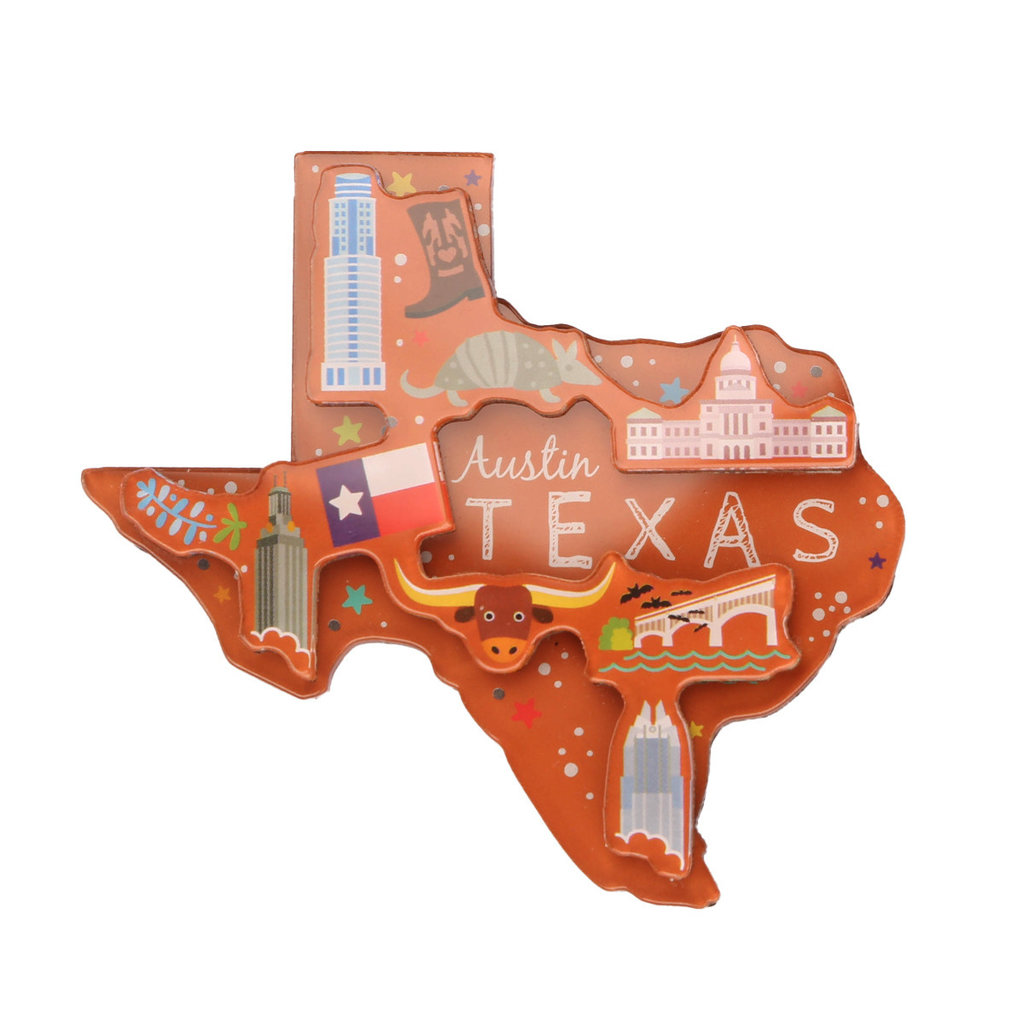 Austin & Texas Texas Shaped Austin Orange Dual Level Magnet