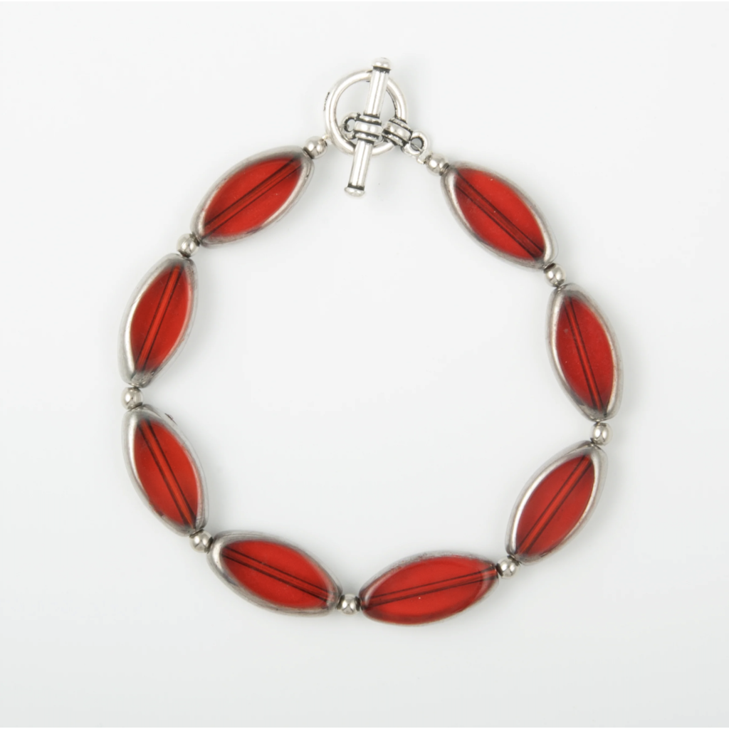 Silver Edged Red Glass Ellipse Bracelet